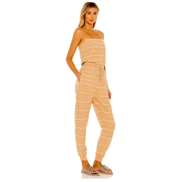 NWT LSPACE NORTH SHORE STRAPLESS TAN PINK CRM STRIPE JUMPSUIT POCKETS SIZE LARGE - Picture 4 of 11